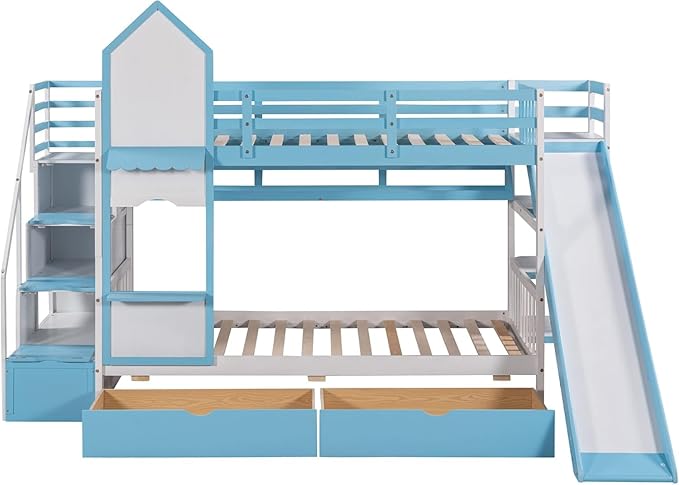 MERITLINE Twin Over Twin Castle Bunk Bed with Slide,Stairs and Drawers,Solid Wood Floor House Princess Bunk Bed with Storage Shelves (Blue)