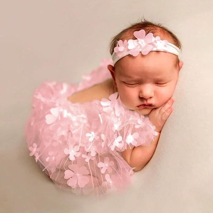 Newborn Girl Photography Outfits, Backless Lace Romper with Flower Headband Photo Props, Baby Girl Photoshoot Outfits