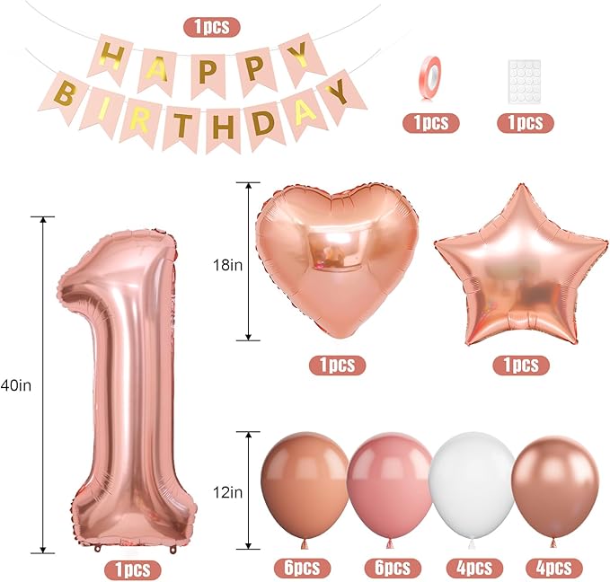 Boho 1st Birthday Decorations for Girls, Dusty Pink Rose Gold White Balloons with 40 Inch Number 1 Star Heart Foil Balloons Happy Birthday Banner for 1 Year Old Birthday Anniversary Baby Shower Decor