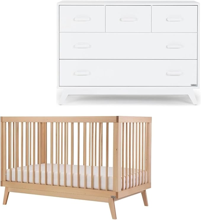 dadada Soho Baby Nursery Furniture Set. Baby Crib and Dresser Set Combo. Soho 3 in 1 Convertible Crib and 5 Drawer Nursery Dresser. White and Natural Beechwood