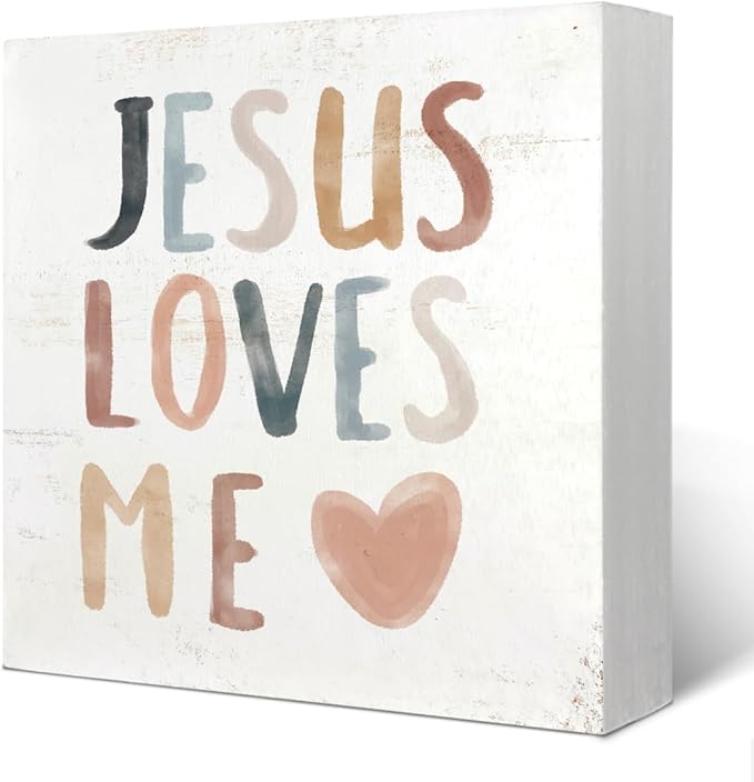 Boho Neutral Baby Girl Boy Nursery Decor - Jesus Loves Me Christian Wood Box Sign Desk Decor, Toddler Boy Girl Room Decor, Christian Desk Decor, Bible Verse Decor, 5x5