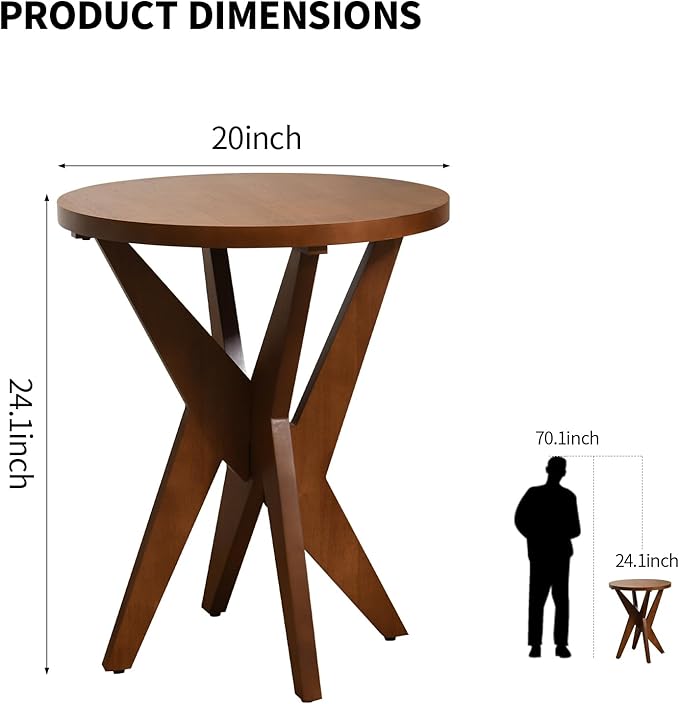 Mid-Century Modern Round End Table Set of 2, Walnut Brown Farmhouse Side Tables with MDF Top and Crossed Legs for Living Room, Bedroom, or Small Spaces