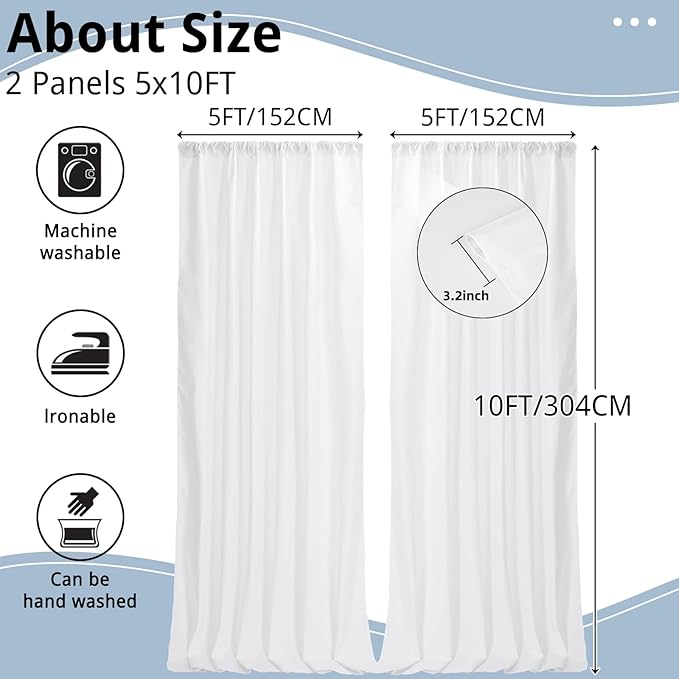 10x10FT White Curtains Backdrop for Parties, Wrinkle Free White Photo Backdrop Curtains Drapes for Party Birthday Wedding Decoration Photography,5ft x 10ft, 2 Panels