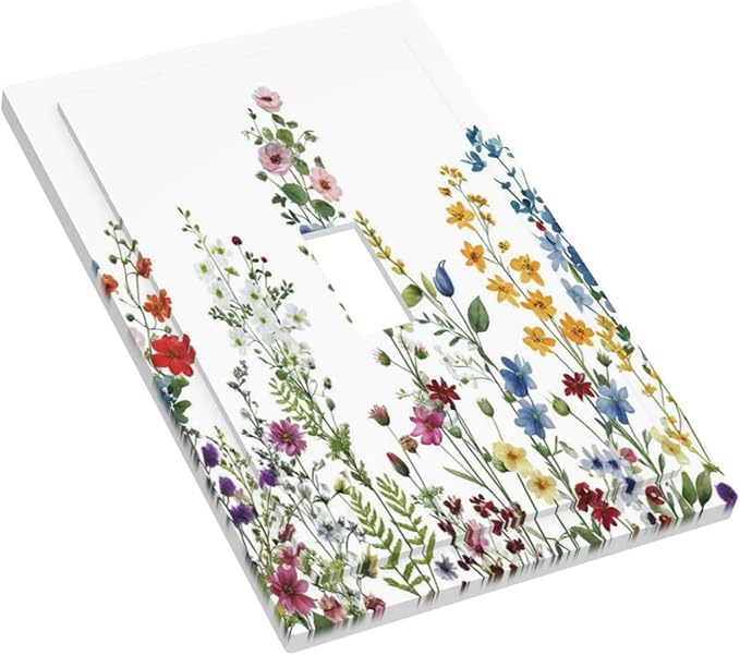 Light Switch Cover Plate Colorful Wildflowers Plants Flowers on White Background 1 Gang Switch Plate Covers Single Toggle Wall Plates Decorative Electrical Faceplate for Bathroom Home Decor