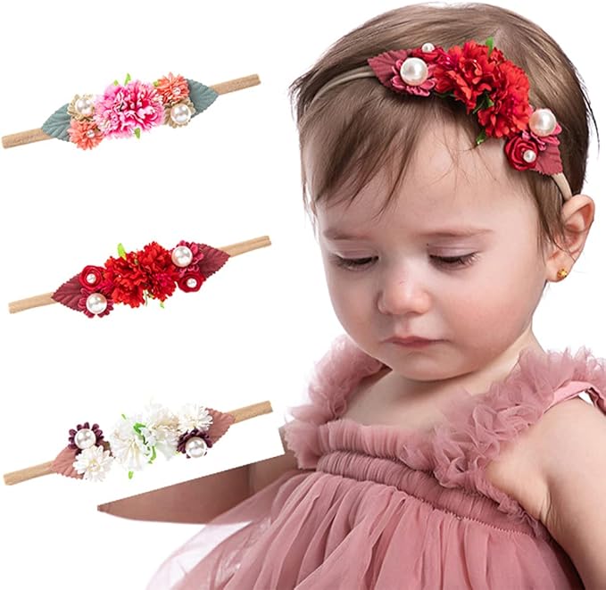 Wiwpar Flower Crown Headband Bead Headwear Elastic Adjustable Head Piece Girls Hairbands for Toddler and Childrens （White）