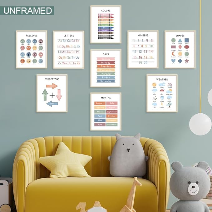 UNXIS Alphabet Abc Chart Educational wall Posters For Toddlers1-3, Days Of The Week ForToddlers Learninghomeschool Supplies Preschool Classroom Must Haves (Set of 9 8 x10 inch Unframed)
