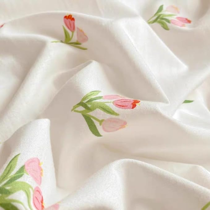 Floral Duvet Cover Full 3Pcs Girls Cute Pink Tulips Duvet Cover Set Modern Aesthetic Bedding Set Ultra Soft Breathable Garden Flower Bedding with 2 Pillowcases(No Comforter)