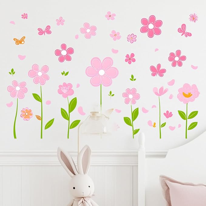 Pink Flower Wall Decals Butterfly Daisy Wall Stickers Floral Decor for Girls Bedroom Living Room Bedroom Wall Decor