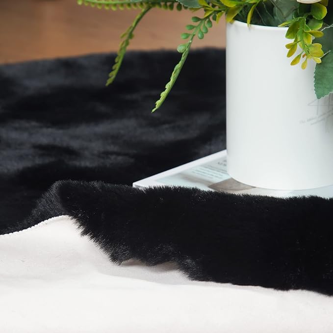Faux Rabbit Fur Rug Machine Washable Area Rugs Black Fur Rug for Living Room Fuzzy Rugs for Bedroom Teen Room Decor Small Sheepskin 2x3 Rectangle Rugs