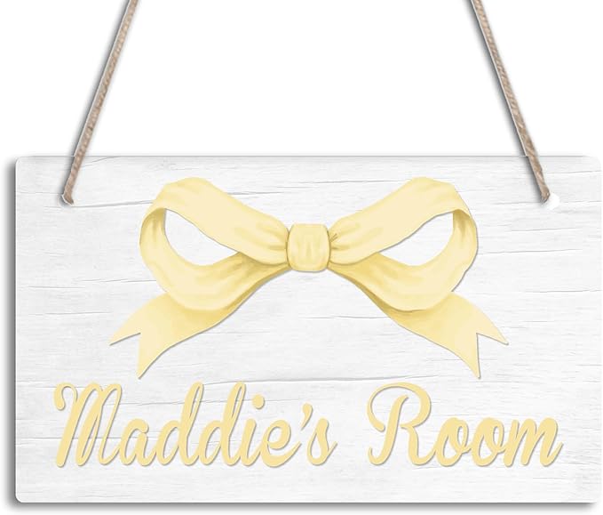 Personalized Yellow Bow Kids Room Door Sign Custom Name Girls Boys Bedroom Decor Toddler Baby Nursery Wood Art Wall Plaque 12x6 Inches