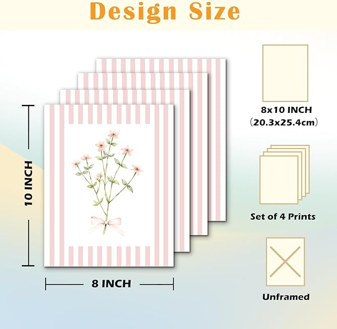 JINYO Coquette Pink Bow Floral Wall Art Prints Set of 4, Floral Room Decor, Preppy Pink and White Striped Flower Posters Pictures Wall Decor for Girls Room Bedroom Dorm Home, 8x10 Unframed