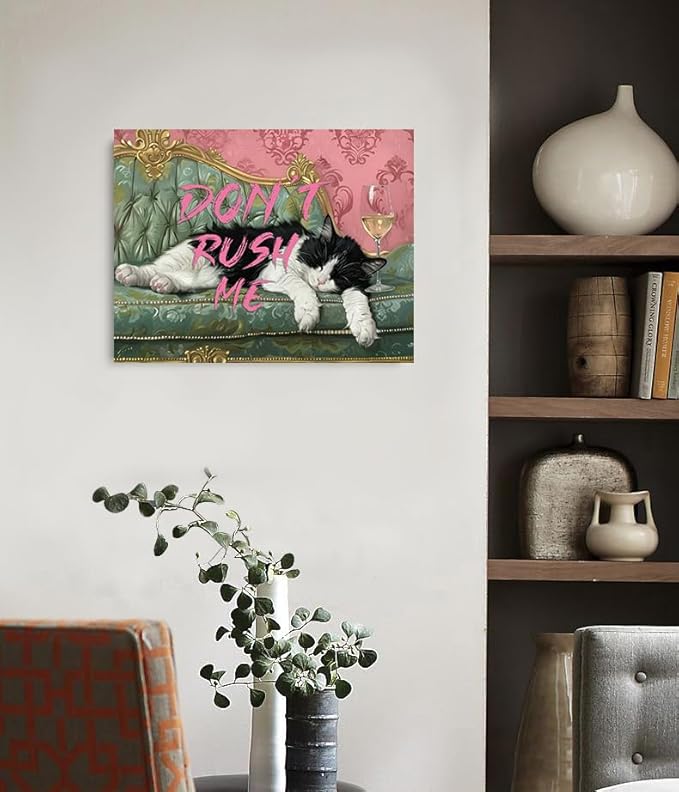 Vintage "Don't Rush Me" Cute Lazy Black and White Cat Picture Wall Decor Framed Retro Funny Animal Canvas Wall Art Prints Poster Painting for Living Room Bathroom Bedroom Home Kitchen (16"x12")