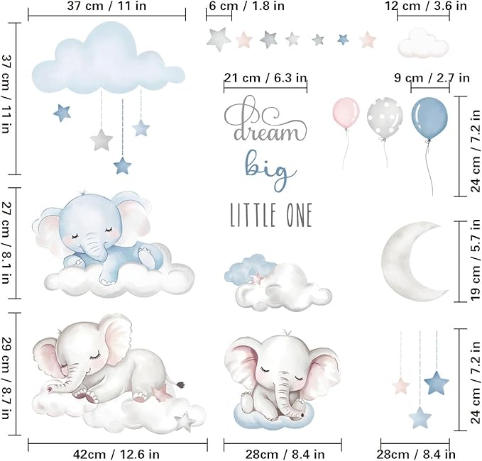 Dream Big Little One Elephant Wall Stickers,Dreamy Moon Stars Balloons Cloud Decor for Kids Room, Nursery & Play,Living Room,Bedroom