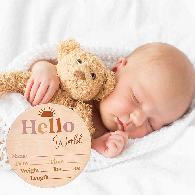 Hello World Newborn Sign - Baby Name Birth Announcement Plaque for Hospital - Photo Prop - Nursery Decor - Shower Gift