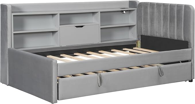 Twin Size Daybed with Trundle and Storage L-Shaped Bookshelf Headboard, Velvet Upholstered Soft Corner Bed with Charging Station and Shelves for Kids Boys Girls, Gray