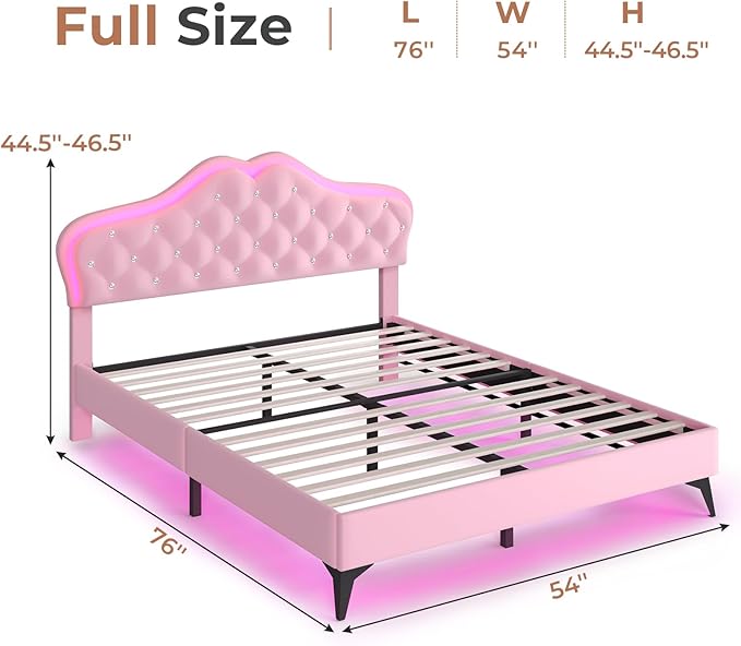 BTHFST Full Size Upholstered Bed Frame with LED Lights, Princess Platform Bed for Girls, Adjustable Headboard with Crystal Button, Solid Wood Slats Support, No Box Spring Needed, Pink