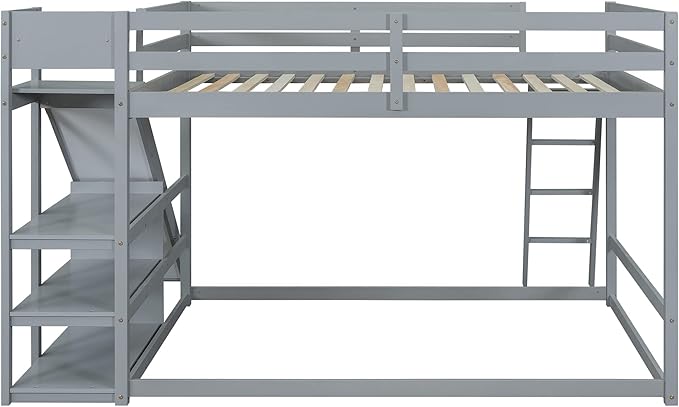 Full Over Full Bunk Bed with Ladder, Wooden Bunk Bed Frame with Slide and Shelves, Low Bunk Bed for Kids Teens Adult, Space-Saving Bedroom Dormitory Furniture (Gray + Pine-05)
