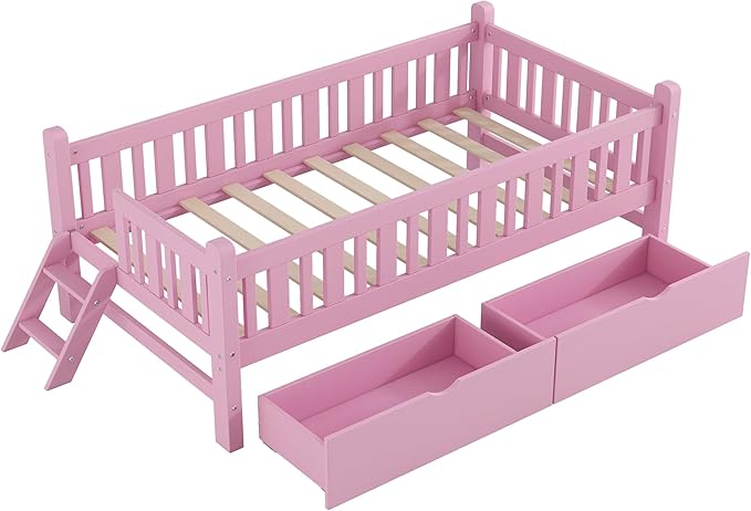 LUMISOL Twin Size Bed Frame with Drawers, Wood Twin Size Platform Bed with Guardrail and Slide Ladder, Twin Bed Frames for Girls Boys Teens, Pink Twin Bed Frame