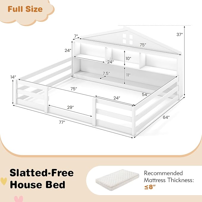 Giantex Full Size Montessori Floor Bed with LED Lights, 2-in-1 Wooden House Bed Frame with Safety Guardrails, Storage Compartments & Shelf, No Box Spring Needed, Without Slats, White