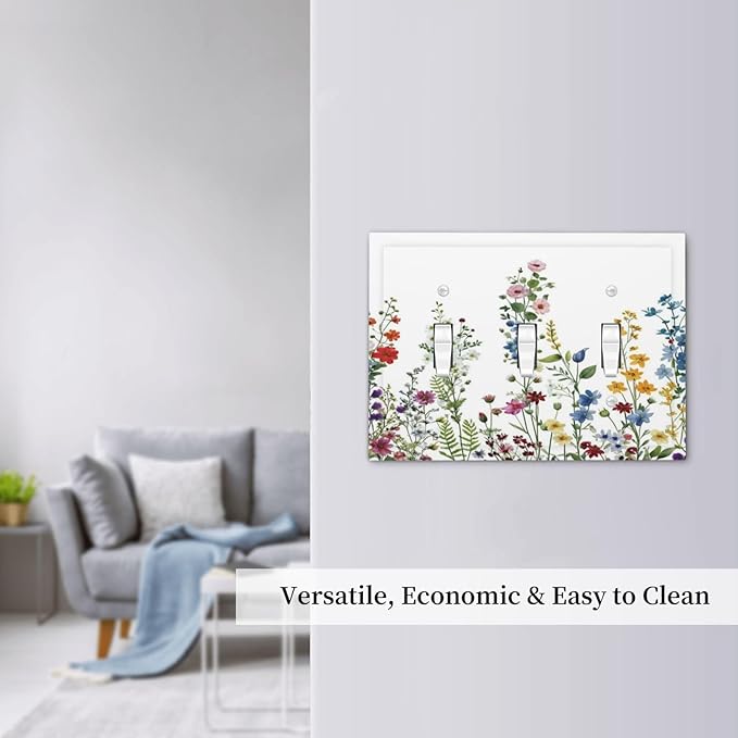 Light Switch Cover Plate Colorful Wildflowers Plants Flowers on White Background 3 Gang Switch Plate Covers Triple Toggle Decorative Wall Plates Electrical Faceplate for Bathroom Home Decor