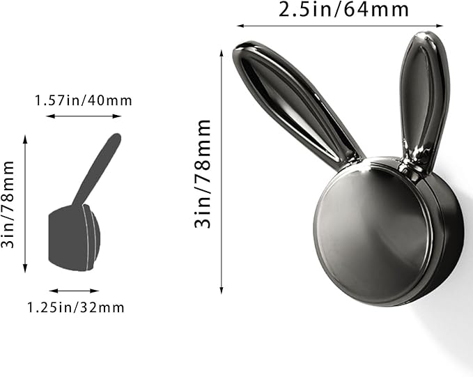 3 Pack Heavy Duty Metal Wall Hooks - Decorative Cute Rabbit Shaped Coat Hooks, Multi-Color Rustproof Bathroom/Bedroom/Entryway Towel Hooks for Towels, Coats, Keys (Bright Black, Large Size)