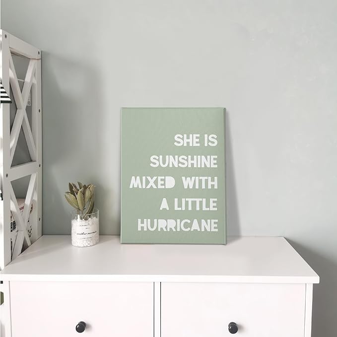 PHAMTE Girls Bedroom Wall Decor,She is Sunshine Mixed with a Little Hurricane Girls Room Wall Art,Sunshine Print Framed Canvas Painting Artwork for Room Bedroom Home Nursery Playroom（11x14 Inch）（pale green）