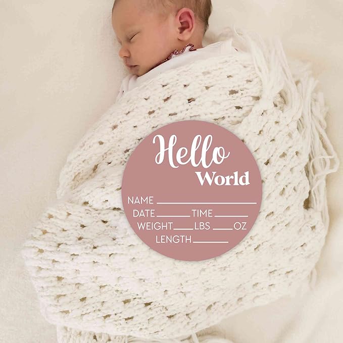 Hello World Newborn Sign - Baby Name Birth Announcement Plaque for Hospital - Photo Prop - Desert Rose Pink Nursery Decor - Shower Gift