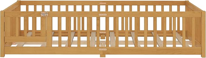 Bellemave Queen Floor Bed Frame with Rails and Door, Solid Wood Montessori Queen Size Floor Bed for Kids, Low Profile Montessori Beds with Removable Slats, Natural