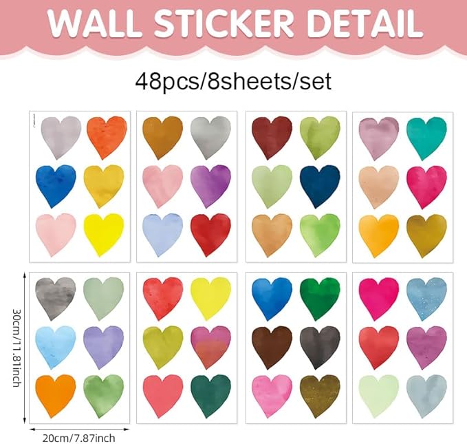 Colorful Heart Wall Stickers,Watercolor Heart Wall Decals for Kids Bedroom Wallpapper Nursery Living Room Classroom Wall Décor