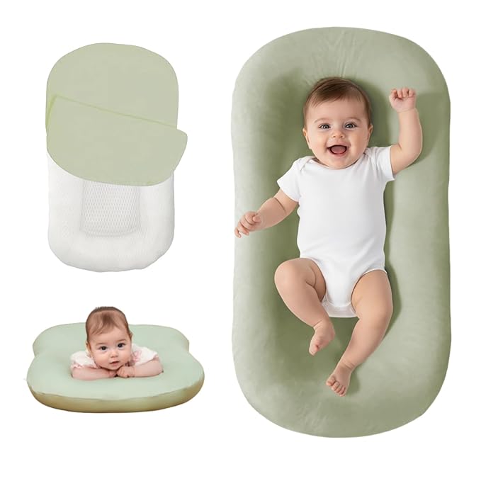 Lucakuins Baby Lounger, Bionic Design Baby Lounger for Newborn 0-24 Months, Soft Organic Cotton Breathable Lounger for Infants (Green Newborn Lounger)