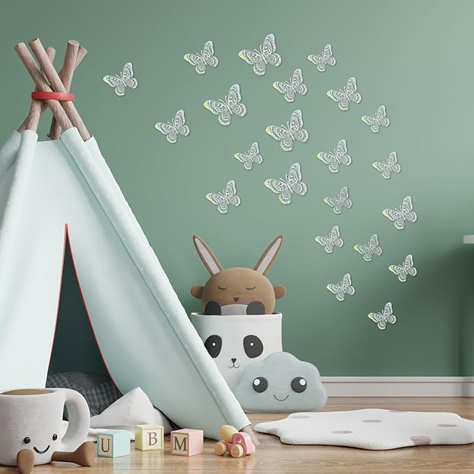 36 Pcs Butterfly Wall Decals, Hollowed-Out Butterflies Stickers Mural Decor Stickers Wall Decor Home Decor Kids Room Bedroom Decor Living Room Decor (Sliver)