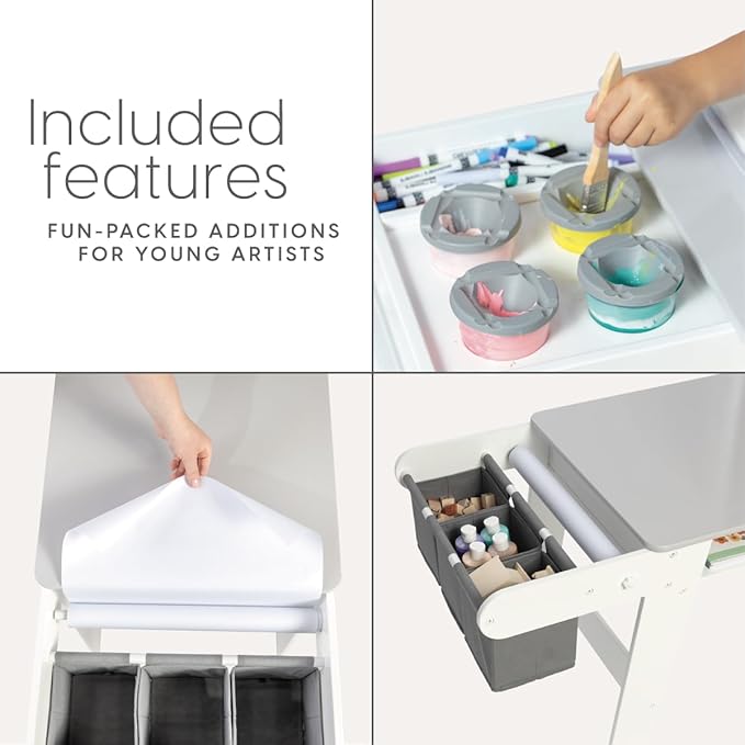 Milliard Kids Art Table Set with Chairs for Playroom, Toddler Craft and Play Wood Activity Table with Storage Bins and Paper Roll (Grey and White)