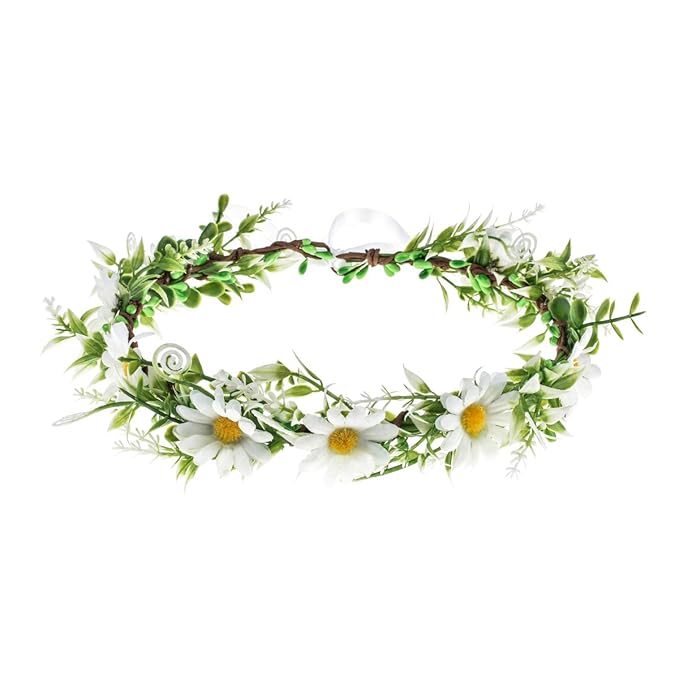 DDazzling Green Leaf Floral Crown Eucalyptus Flower Women Girls Headband Flower Headpiece Bridal Halo Photo Prop (Sunflower White)