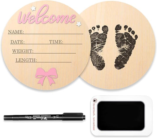Baby Birth Announcement Sign - 3D Wooden Baby Birth Sign with Marker Pen, Coquette Pink Bow Newborn Name Announcement with Ink Pad for Girls Nursery Decor Keepsake Gift
