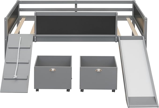 Play Fun Design Twin Size Loft Bed with Slide and Rope Climbing Ladder for Kids Boys Girls, Solid Wood Loft Bed Frame with 2 Storage Boxes and Double-sided Chalkboard, Sturdy Slat Support (Gray-2)