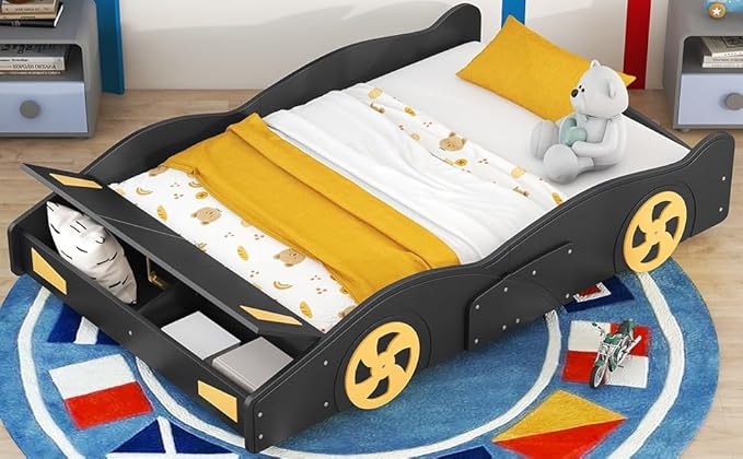 Harper & Bright Designs Full Size Race Car-Shaped Platform Bed with Wheels and Storage, Black+Yellow