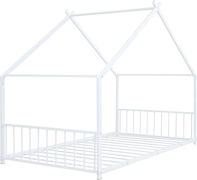 Twin Size House Shaped Montessori Platform Beds, Wood Floor Bed Frame with Roof and Fence Deisgn, Kids Double Toddler Bed for Children Boys Girls, Easy Assemble, No Box Spring Needed, White