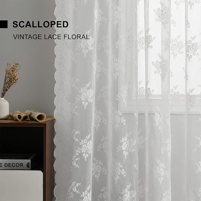 Kotile White Lace Curtains 54 Inch Length 2 Panels Set, Embroidered Rustic Floral Vintage Lace Curtains for Small Windows, Rod Pocket Privacy Sheer Window Curtain, 52 x 54 Inch, 1 Pair, White