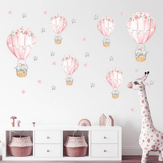 6 Pink Hot Air Balloons Sleeping Baby Elephants Stars Wall Stickers, sacinora Cute Art Wall Decals Removable Vinyl Peel and Stick for Kids Baby Girl Nursery Bedroom Toddler Room Decorations