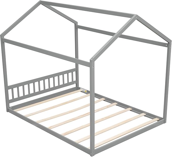 Bellemave Queen House Bed with Roof Wood Montessori Floor Beds for Kids Wood House Floor Bed Frame for Girls Boys Teens Adults, No Spring Box Needed, Gray