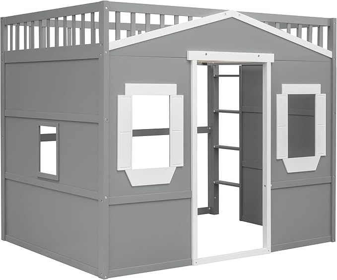 Full Size Loft Bed with Safety Guardrail for Kids Boys Girls, Playhouse Design Solid Wood Loft Bed Frame with Ladder and Windows, Strong Wood Slats Support, Space-Saving (Gray+White)