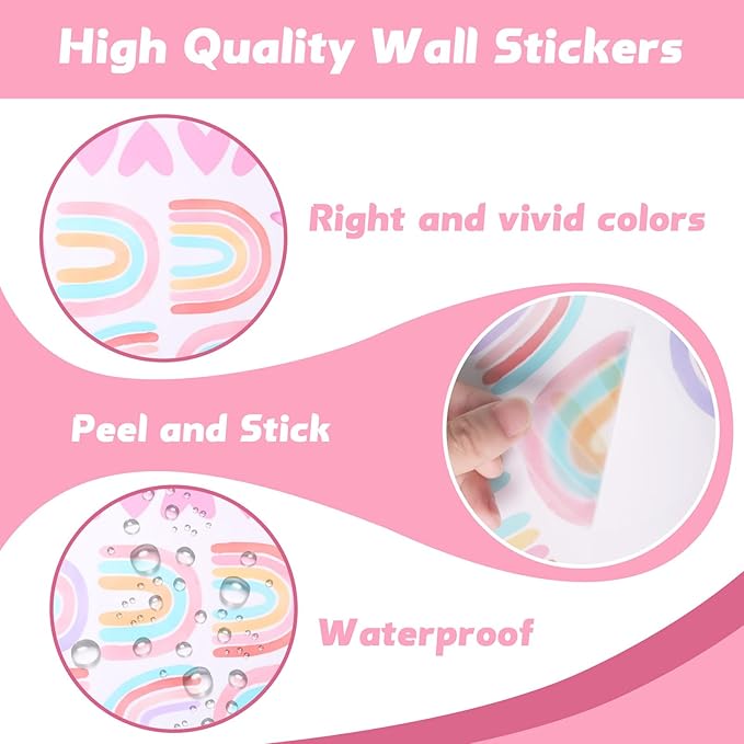 Rainbow Wall Decals Removable Peel and Stick Window Clings 4-Sheet Set with Sun, Rainbow, Heart Design for Girls Bedroom, Kids Room, Nursery Classroom Decor