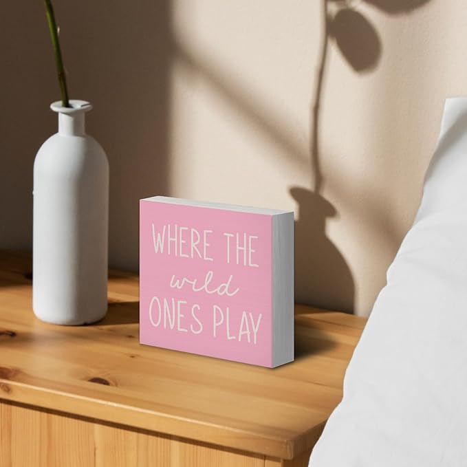 Where The Wild Ones Play Pink Wood Box Sign Desk Decor 5X5, Nursery Kids Room Wooden Block Sign Decorations for Playroom Toddler Boys Girls Room Wall Tabletop Shelf Decor