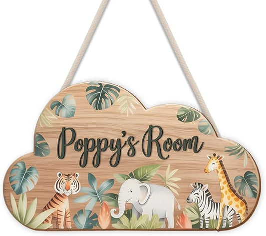 Custom Name Wooden Cloud Wall Art | Jungle Animal Door Sign for Nursery Decor, Bedroom Wall Hanging, Playroom Decoration