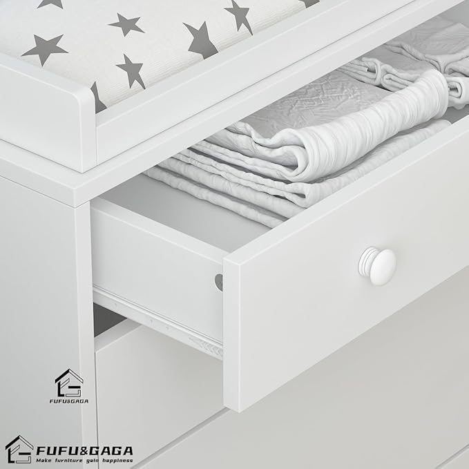 AIEGLE Nursery Baby Dresser, White Bedroom Dresser with 5 Drawers & Storage Shelves, Wood Chest of Drawers Nursery Storage Kids Organizer (47.6" W x 19.7" D x 36.1" H)