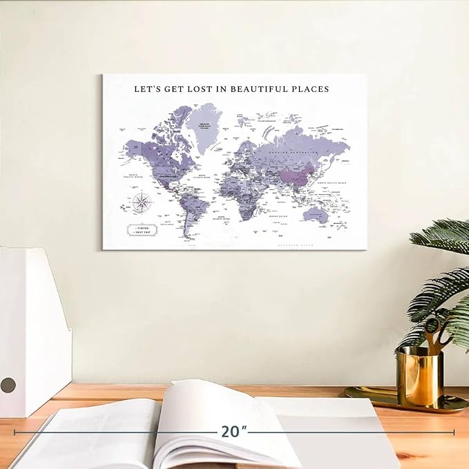 ElephantStock - Beautiful Places II Push Pin World Map Wall Art - Horizontal Canvas Wall Art - Living Room Wall Decor - Digital Art Map Canvas Art - White And Black Decor - 12" x 8"