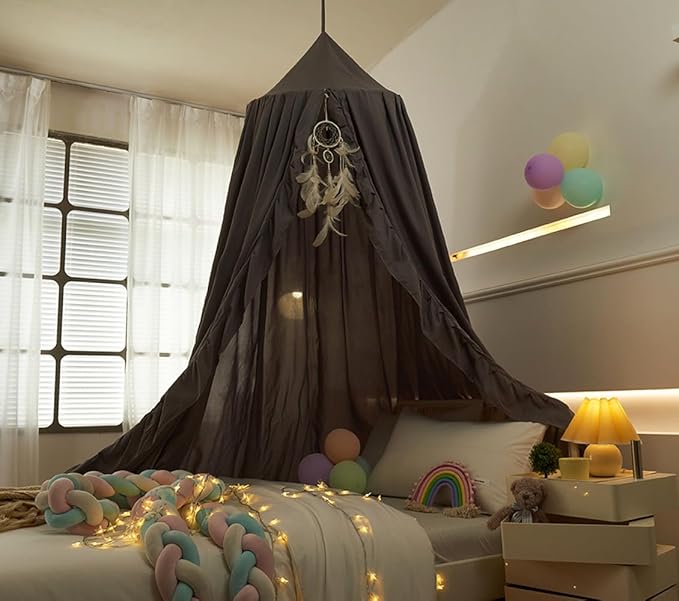 Mengersi Bed Canopy for Girls,Ruffled Canopy Bed Curtains Canopy for Girls Room,Hanging Canopy Princess Play Tent for Reading Nook Play Room Decor (Gray)