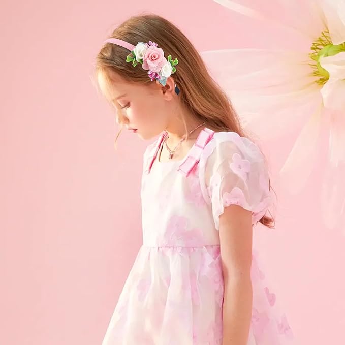 Flower Headbands for Girls Kids Toddlers Rose Floral Headpiece Non Slip Elegant Wedding Flower Crown Hairband Spring Summer Fashion Cloth Headdress Accessories for Birthday Party (Pink)