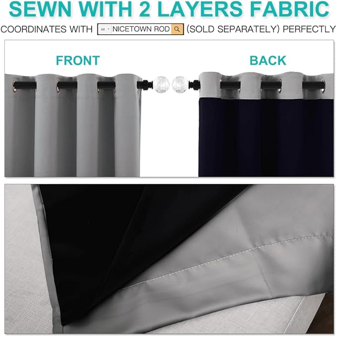 NICETOWN Total Shade Curtains and Draperies, Heavy-Duty Full Light Shading Drapes with Black Liner Backing for Villa/Hall/Dorm Window（Silver Grey, Package of 2 Panels, 52 inches Wide x 95 inches Long