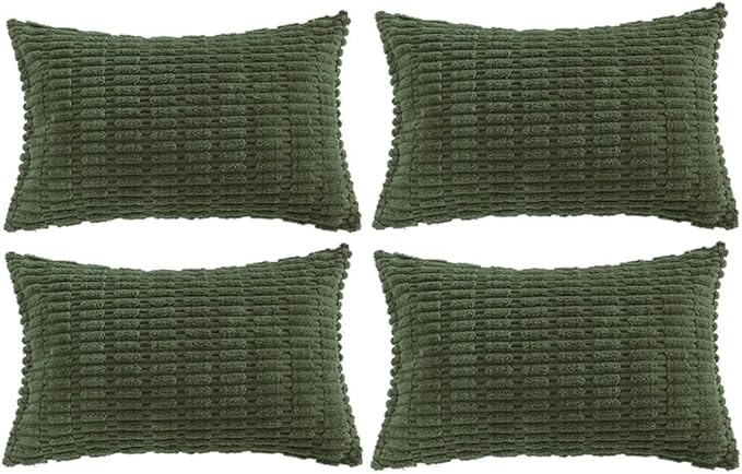 Fancy Homi 2 Packs Boho Olive Green Decorative Throw Pillow Covers 12x24 Inch for Couch Bed Sofa, Rustic Modern Farmhouse Home Decor, Soft Plush Corduroy Cute Square Cushion Case 30x60 cm